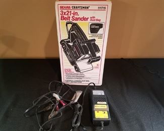New in box Craftsman 3x21-in Belt sander with dust bag and AccuMate battery charger. Items have not been tested.