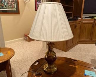 Bronze & Maroon Lamp that is just over 2.5ft tall, Powers on when plugged in, set of 2