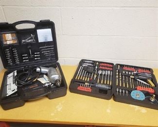 this lot contains power drill by shop craft. cordless drill by Black & Decker without a charger. also includes a complete set of drill bits by Craftsman appears to be new in box. corded power drill with tested and is functioning.