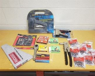 miscellaneous lots of staple guns Rivet Guns Staples a rigid pre-tested worksaver tool and a package of router bits by Craftsman. also includes eight bags of miscellaneous steel rivets as well as multiple packages of Staples.