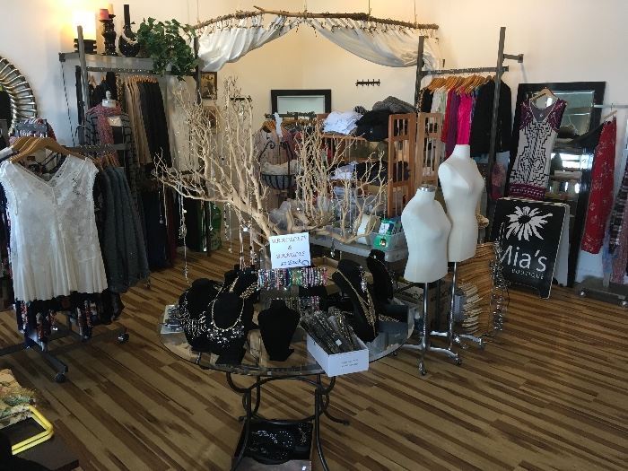 boutique full of women's clothing, accessories, and assorted fixtures and equipment