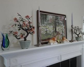 art glass vase, Chinese jade trees, oil painting.