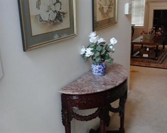 Antique style marble top table, Lila Moore Keen prints