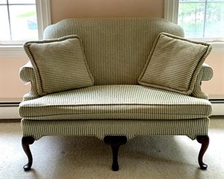 Item 28:  C.R. Laine Furniture Co. green & white upholstered settee - 51" x 19.5" x 37" tall: $195
