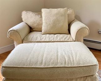 Item 35:  Rowe Furniture pale yellow chair & ottoman: $95   (Please note that this item is not is particularly good condition!)                                                                                                        
Chair - 44" x 39" x 31.5" tall                                                                           Ottoman - 35.5" x 24.5" x 17.5" tall