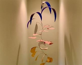 Item 40:  Contemporary mobile by artist Arthur Bauman -constructed of hammered and bent metal - acrylic paint, 34 x 60- artist website -  https://sapergalleries.com/Bauman.html: $525 