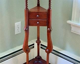Item 55:  Plant stand, Barley Twist features descending to two triangular drawers, then to tripod feet. Bottom shelf with plant indent - slight warp to top plant stand - 34.5": $145
