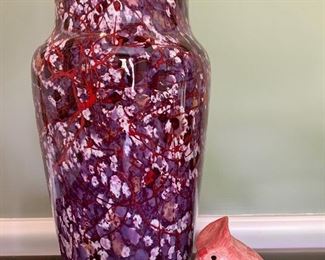Item 228:  High Glaze Pottery Vase & little pink ceramic bird: $58