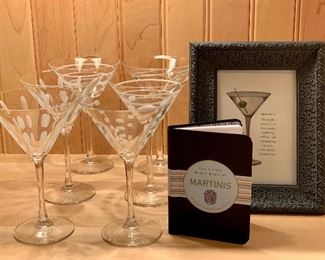 Item 236:  6 Martini Glasses with Framed Martini Picture and Martini Prep Book: $35
