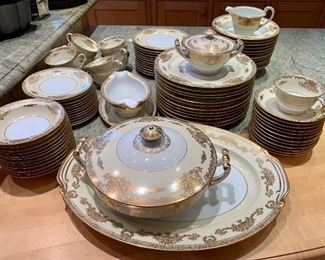 Item 67:  Noritake China Service for 12: $375                                                                        (12) salad plates, (12) dinner plates, (12) dessert plates, (12) soup bowls, (12) berry dishes, (12) cups & saucers, (1) gravy boat, (1) large platter, (1) large covered serving bowl, (1) creamer & sugar