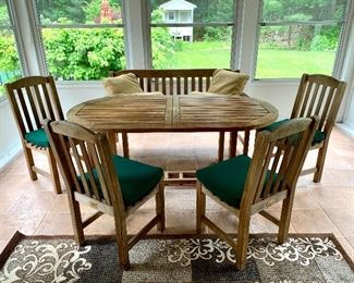 Item 61:  Vintage Smith & Hawken Teak table with (5) chairs & cushions: $650                                                                                                               Table - 17" x 15" x 16" tall                                                                               Chair - 35.5" x 67" x 28" tall