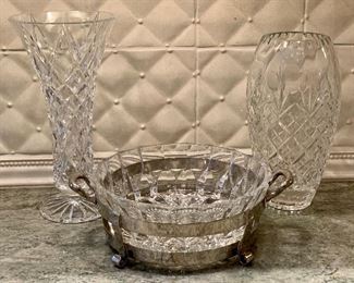 Item 286:  Lot of crystal glass - 2 vase and one serving dish with metal base: $24