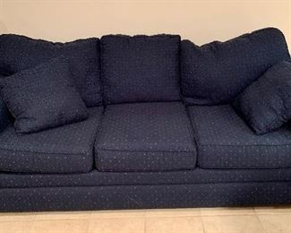 Item 123:  Klaussner sofa - 84" x 27" 31", navy blue, well loved: $225
