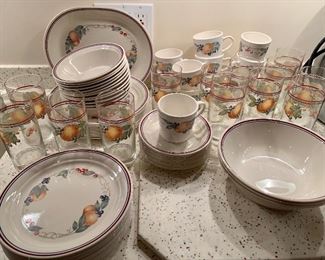 Item 159:  Corelle "Abundance" dishes - (12) salad, bowls, glasses, dinner plates, (11) cups & (12) saucers, (1) platter, (3) serving bowls - $148