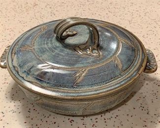 Item 114:  Covered pottery dish - 4" tall