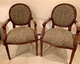 Item 107:  (2) Pair of Kravet French Louis XVI carved oval back fruitwood arm chairs K- 23" x 18" x 38": $400