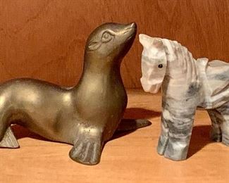Odd lot of brass seal and stone pony: $8