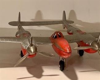 Vintage Hubley P38 Die Cast Fighter Plane, silver and red: $75