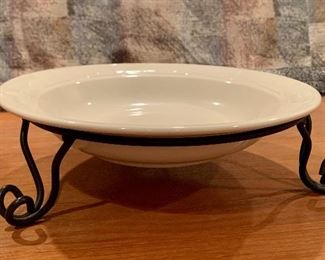 Longaberger pottery bowl on wrought iron stand: $30