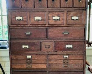 Oak card/file cabinet w/ 23 drawers! This piece actually breaks down by sections so easy to move.