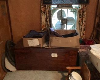 yards of Wool material, cedar chest, window fan