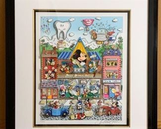 $1,900 - Limited Edition Silkscreen Serigraph by Charles Fazzino, "Disney Dental School" (3D Graphics, Dental Theme), Framed size is 29.25" W x 33.5" H, comes with Certificate of Authenticity