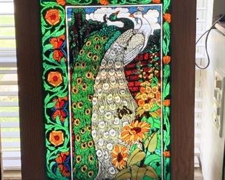 Framed Glass Panel with Peacock