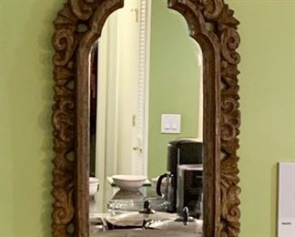$45 - Wood-Look Wall Mirror with Shelf, not made of wood but of a composite (16" W x 31.5, H), light weight