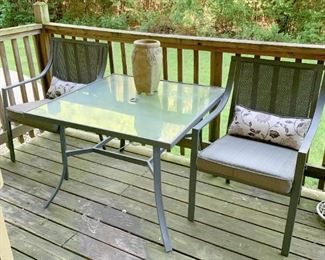 $140 - Aluminum Patio Dining Set - Glass-Top Table & 4 Chairs with Cushions & Lumbar Pillows (Table is 38" sq. x 27.75" H)