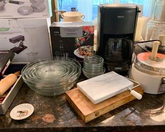 Glass Mixing Bowls, Cheese Board, Small Kitchen Applainces, Etc.