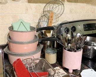 Vintage Pink Cooking Pots, Flatware, Kitchen Utensils, Etc.