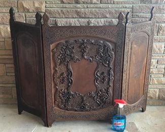 Indian carved wood fireplace screen, circa 1930s  (37” tall, 59” long when flat) Windex bottle for scale