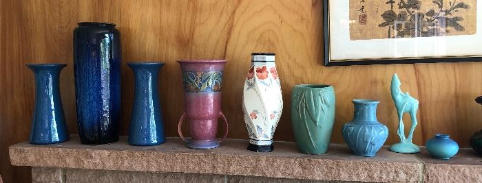 Pottery: Blue Japanese vases, Roseville Baneda vase, hand painted vase w/ poppies (green McCoy & turquoise Rookwood are SOLD), turquoise deer, tiny Van Briggle vase