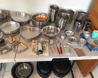 More baking stuff: cake pans, stainless bowls, vintage child’s toy baking set, sifters, colanders, enamel roasting pans & more