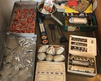 Cookie cutters & tart tins, Foley food mill, vintage Mirro Cooky press & Ateco icing set - both in original box