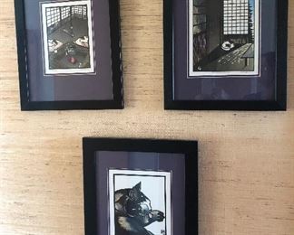 Framed prints  of “kiri-e” (Japanese paper cutting)  by NW artist Aki Sogabe. All 3 feature CATS! Signed by artist in pencil, framed size 14.5” x 18.5”.