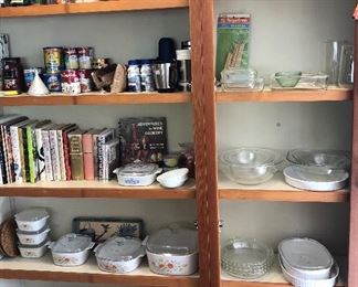 Lots of Pyrex & Corning Ware (baking dishes, mixing bowls), cookbooks & more