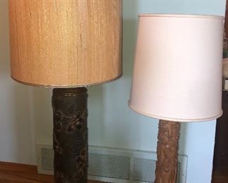 Wallpaper roller lamp is SOLD, Balinese carved wood lamp (35” tall)