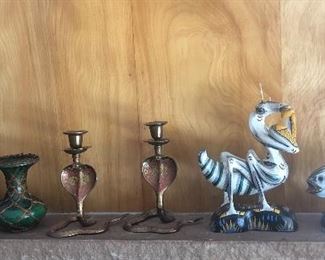 “I Dream of Jeannie” Beam bottle, green Japanese vase w/ bamboo wrap, (1930s Indian brass cobra candlesticks are SOLD), wood creature, Mexican pottery fish by Ken Edwards is SOLD