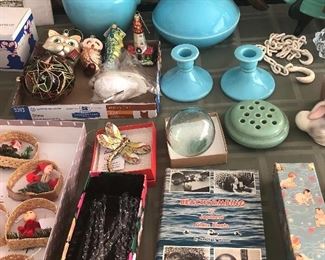 Catalina Pottery pitcher, carafe & candle holders, figural Xmas ornaments, glass icicles, green glass float, green flower frog