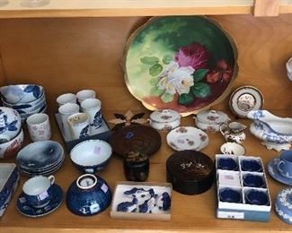 Japanese bowls & tea mugs, signed Limoges charger w/ roses, vintage child’s dishes, Wedgwood Jasperware, milk glass candy jar w/ grapes 