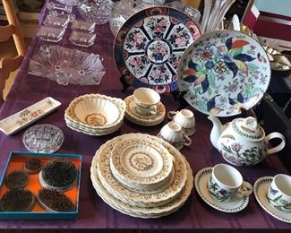 Flower frogs, Vernon Kilns “Hibiscus” dishes, Japanese plates, Fenton San Toy etched bowl,  Portmeirion Botanic Garden teapot & cups + saucers