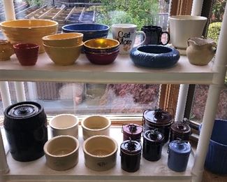 Yellow & blue Bauer bowls, yellow Bauer sugar bowl (no lid), colored aluminum bowls, vintage planters, brown crock w/ lid, smaller crocks
