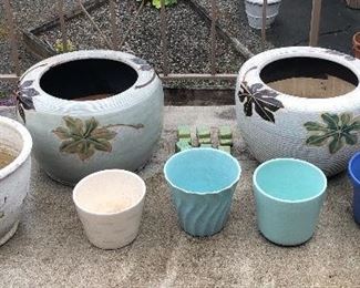 Planters including vintage Bauer speckle pots & more. Not shown: lots of clay pots