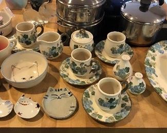 Cat dishes & bowls, Metlox Poppytrail “Sculptured Grape” creamer & sugar, butter dish, platter, S +P & more
