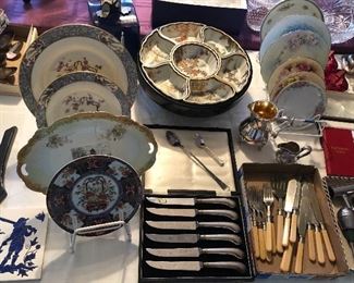 Lenox Ming plates, Japanese lazy susan, Marshall Field sterling handle steak knife set, hand painted plates, cocktail accessories
