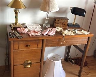 Mid century desk, boudoir & desk lamps, vintage baby accessories