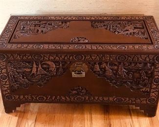 Carved Asian camphor chest with original brass lock & key (37”L, 17”D, 19”H) Purchased in Hong Kong in late 1940s - includes glass top (not shown)