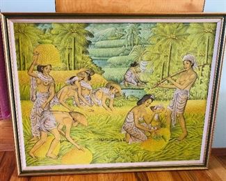 Balinese Ubud painting of rice harvest (framed size 28” x 36”)