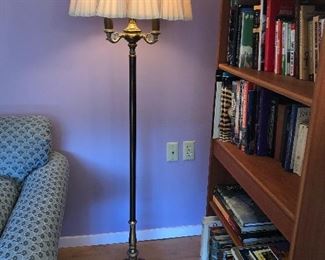 Vintage Rembrandt brass floor lamp (has 4 bulbs + milk glass shade), one of several teak shelves, just some of the many BOOKS. Topics include Japan, Egypt, art, spirituality, gardening, fiction & more